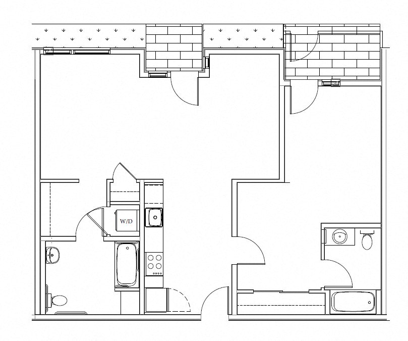 Floor plan for 1 bed, 2 baths, 971 sqft
